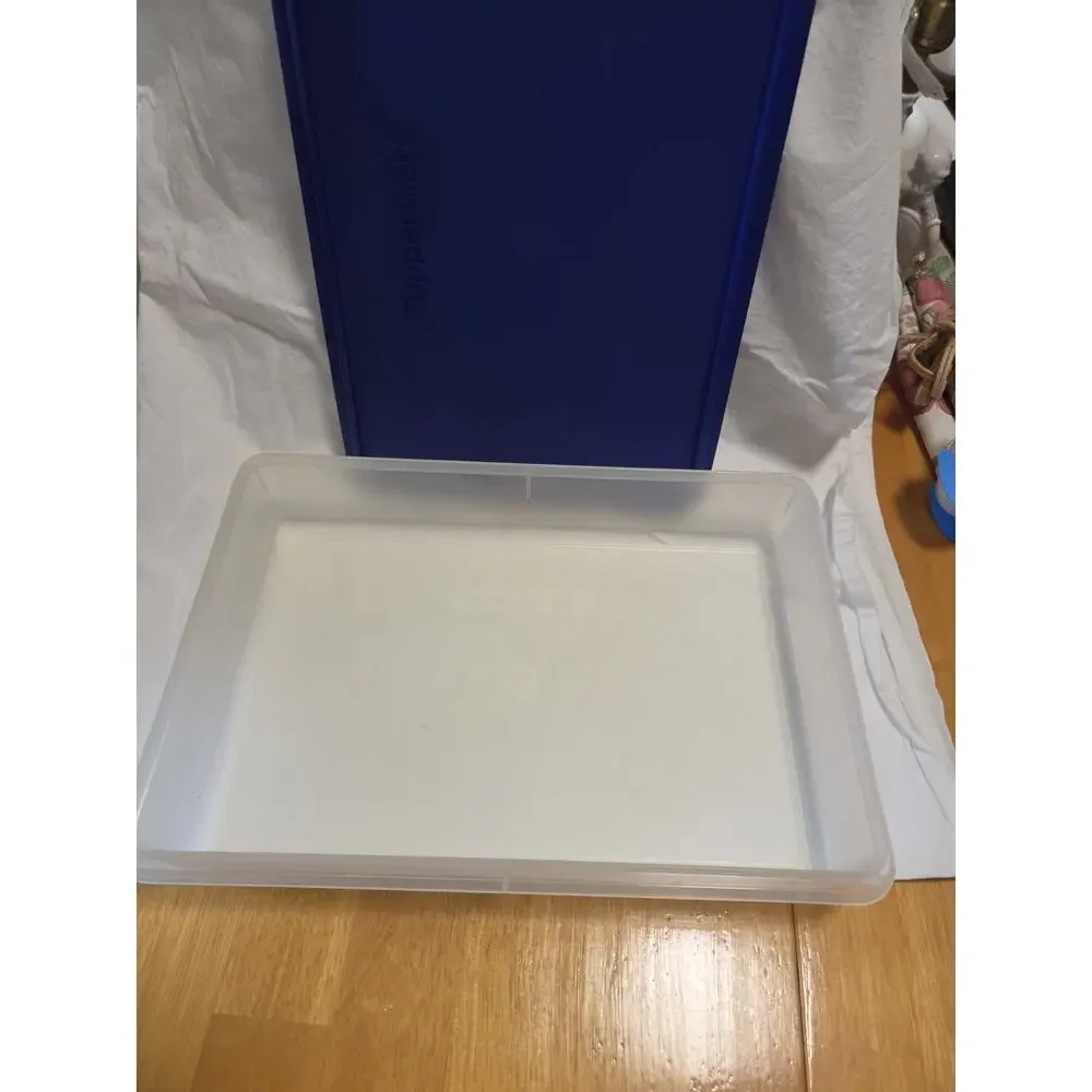 Tupperware Rectangular Clear Storage Container With Blue Lid 14x9 3